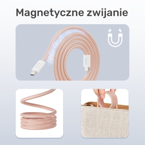 Unitek Kabel zwijany magnetycznie USB C PD 100W 1m różowy nylonowy