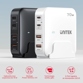 Unitek Ładowarka biurkowa GaN 70W 2xUSB C 2xUSB A szybka do laptopa