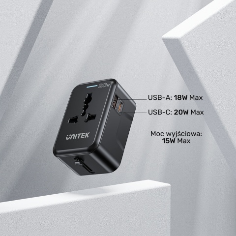 Unitek Ładowarka podróżna PD 20W uniwersalny adapter 2xUSB GaN
