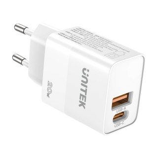 Unitek Ładowarka sieciowa 20W USB C USB A QC PD kompaktowa biała