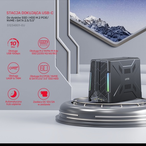 Unitek Stacja dokująca M.2 NVMe SATA USB-C 10Gbps gamingowa