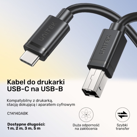 Unitek kabel USB C na USB B 2.0 2m czarny solidny do drukarki
