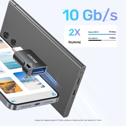 Unitek Adapter USB-C do USB-A 10Gbps kompaktowy szybki czarny