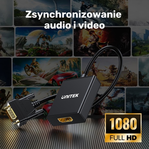 Unitek Adapter VGA na HDMI 15cm Full HD czarny kompaktowy