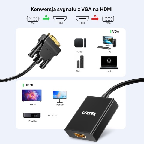 Unitek Adapter VGA na HDMI 15cm Full HD czarny kompaktowy
