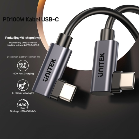 Unitek C14147ABK01 kabel USB-C PD 100W 90 stopni 0,5m wytrzymały