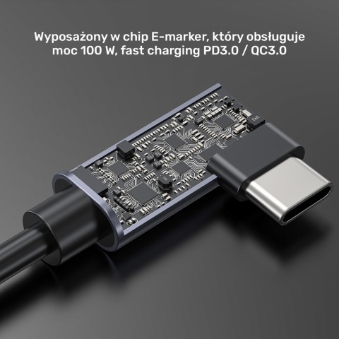Unitek C14147ABK01 kabel USB-C PD 100W 90 stopni 0,5m wytrzymały