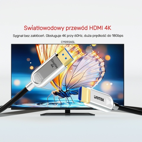 Unitek Kabel optyczny HDMI 2.0 AOC 4K 60Hz 50 m profesjonalny smukły