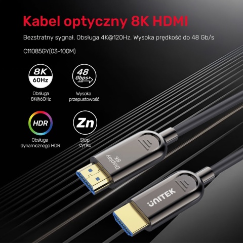 Unitek Kabel optyczny HDMI 2.1 AOC 3m światłowodowy 8K 4K120Hz wydajny