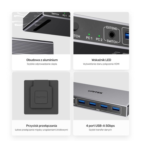 Unitek Przełącznik KVM 2 Porty DisplayPort 8K 4x USB3 Plug and Play lekki