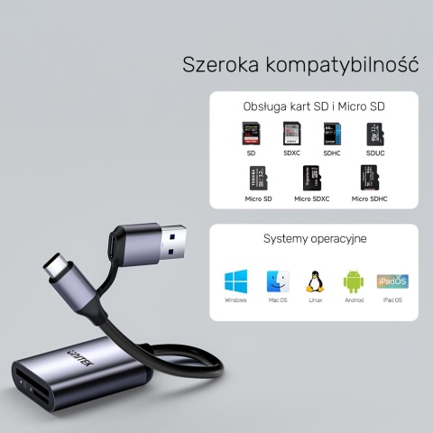 Unitek R1018E01 Czytnik kart 2w1 SD4.0 Micro SD4.0 USB-C USB-A szybki