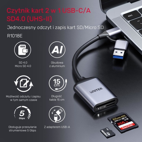 Unitek R1018E01 Czytnik kart 2w1 SD4.0 Micro SD4.0 USB-C USB-A szybki