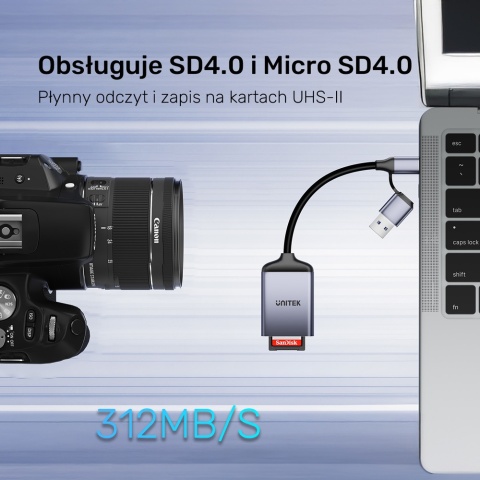 Unitek R1018E01 Czytnik kart 2w1 SD4.0 Micro SD4.0 USB-C USB-A szybki