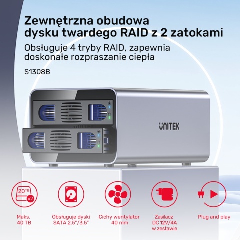 Unitek S1308B01 Obudowa RAID 2.5 3.5 USB C 5Gbps 40TB