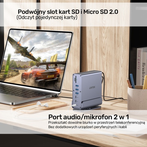 Unitek Stacja dokująca D1135 DisplayLink 3x4K USB-C 100W wydajna kompaktowa