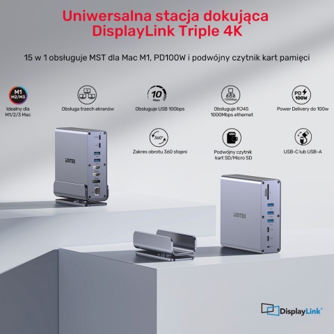 Unitek Stacja dokująca D1135 DisplayLink 3x4K USB-C 100W wydajna kompaktowa