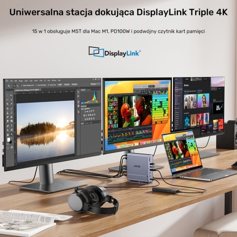 Unitek Stacja dokująca D1135 DisplayLink 3x4K USB-C 100W wydajna kompaktowa