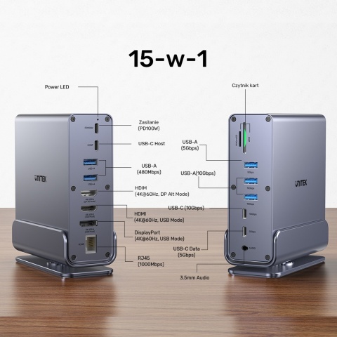 Unitek Stacja dokująca D1135 DisplayLink 3x4K USB-C 100W wydajna kompaktowa