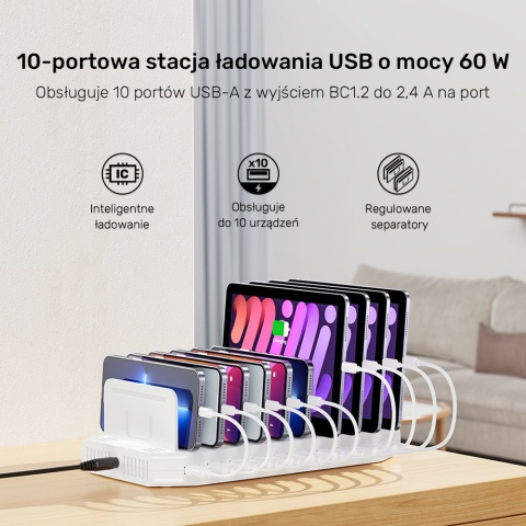 Unitek Stacja ładująca 10xUSB 2.4A 60W biała szybka organizacja