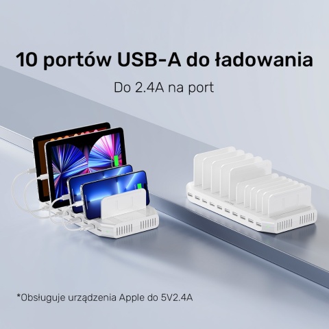 Unitek Stacja ładująca 10xUSB 2.4A 60W biała szybka organizacja