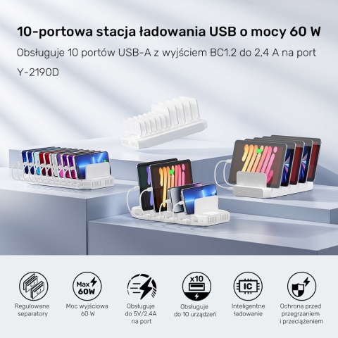 Unitek Stacja ładująca 10xUSB 2.4A 60W biała szybka organizacja