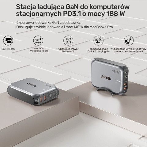 Unitek Szybka ładowarka sieciowa 2xUSB-A 3xUSB-C GAN 188W