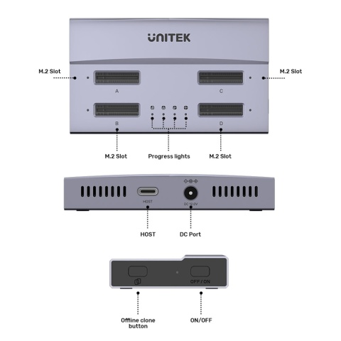 Unitek USB4 4-kieszeniowa stacja dokująca M2 SSD klonująca NVMe 40Gbps