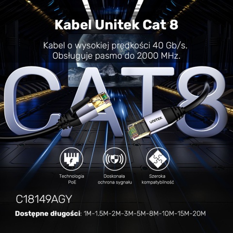 Unitek kabel Ethernet Cat8 15m SFTP RJ45 40Gbps LAN podwójnie ekranowany