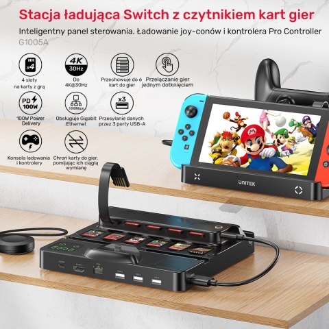 Unitek stacja ładująca Switch Gaming Dock 4K HDMI USB-C czytnik kart