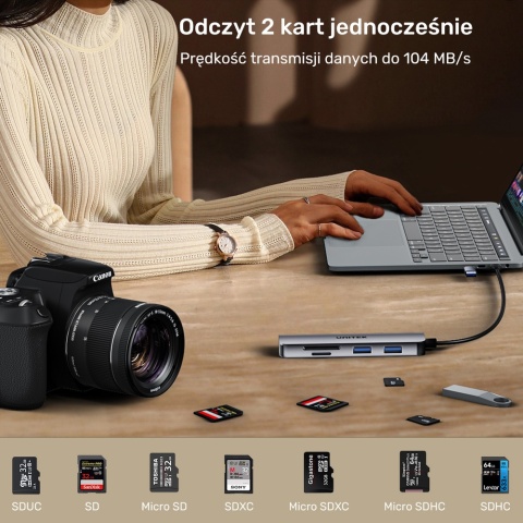 Unitek uHUB P5+ Hub 5w1 USB-C USB-A 5Gbps z czytnikiem SD microSD