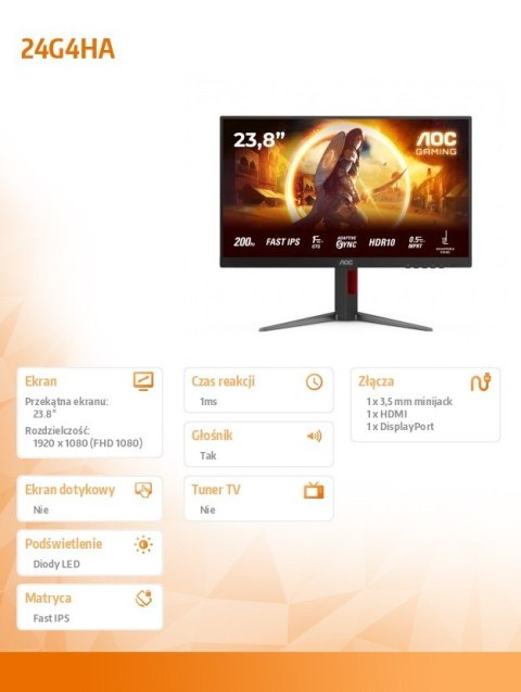 Monitor AOC 24G4HA 24 cali FHD Fast IPS 200Hz gaming Pivot głośniki HDMI DP