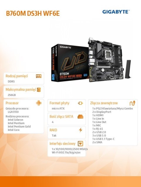 Płyta główna Gigabyte B760M DS3H WF6E LGA1700 DDR5 mATX WiFi 6E PCIe 5.0