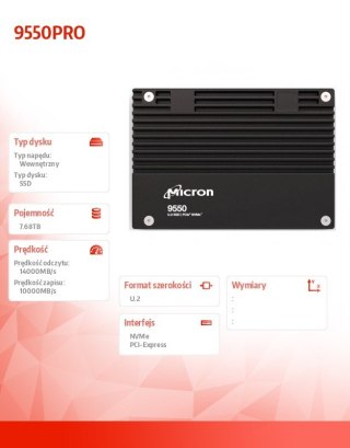 Dysk SSD Micron 9550 PRO 7.68 TB NVMe U.2 15mm ultraszybki PCIe wydajny