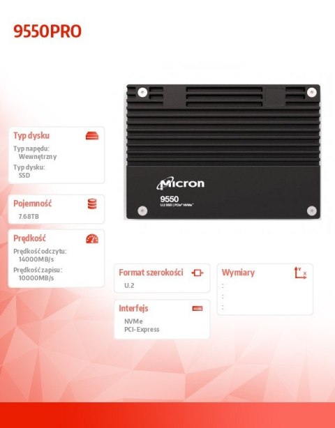Dysk SSD Micron 9550 PRO 7.68 TB NVMe U.2 15mm ultraszybki PCIe wydajny