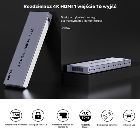 Rozdzielacz HDMI Unitek 1x16 4K 60Hz wydajny splitter HDCP kompatybilny