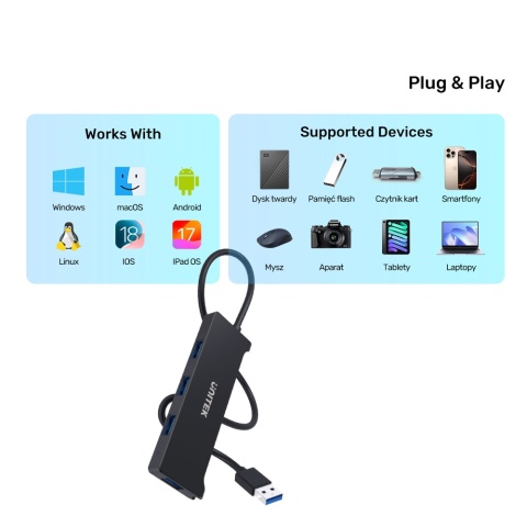 Unitek Hub USB-A 4 porty 5 Gbps