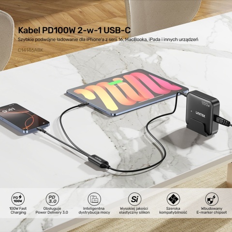 Unitek Kabel 2w1 USB-C PD 100W silikonowy 1,8 m elastyczny