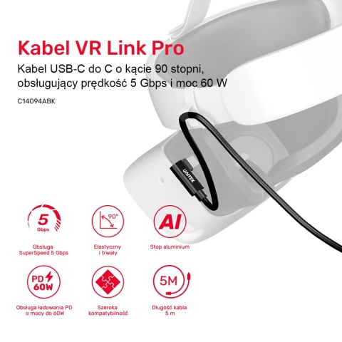 Unitek Kabel VR Link Pro USB C 5Gbps 60W 5m światłowodowy