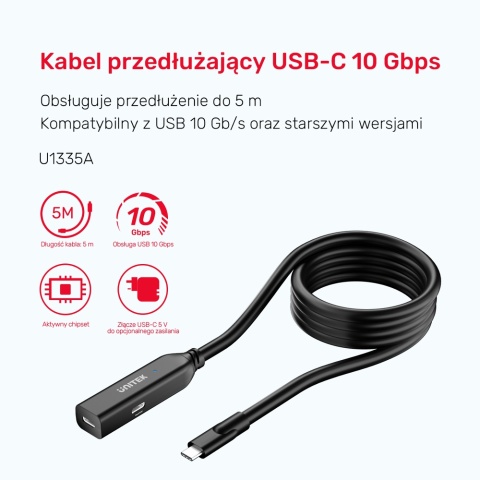 Unitek Kabel przedłużający USB-C 10 Gbps 5m czarny 100W PD aktywny