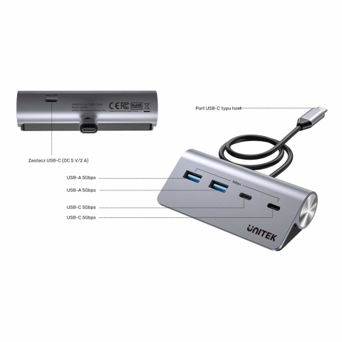 Unitek UHub Q4 Hub USB C USB A 4 porty 5Gbps kompaktowy aluminiowy lekki