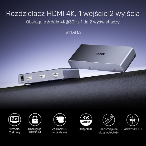Unitek V1130A01-EU Rozdzielacz HDMI 1x2 4K UHD do 2 ekranów Plug and Play