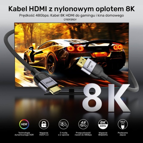 Unitek przewód 8K LUX HDMI 2.1 2M nylonowy oplot gamingowy