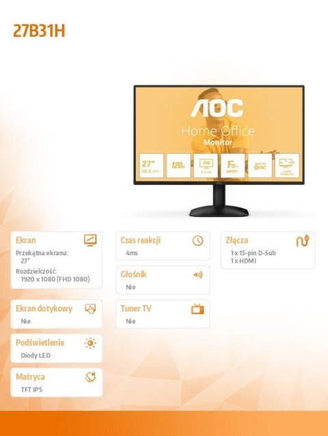 Monitor AOC 27B31H 27 IPS 120Hz bezramkowy FHD gamingowy