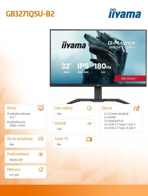 Monitor iiyama G-Master GB3271QSU-B2 32 cali QHD IPS 180Hz 1ms FreeSync LED