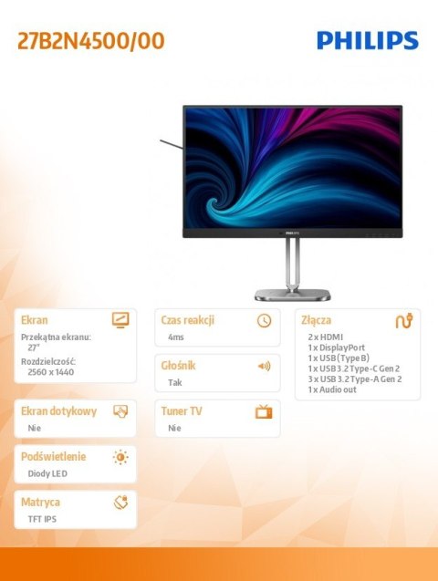 Monitor Philips 27B2N4500 27 cali QHD IPS 120Hz USB C HDMI Pivot głośniki