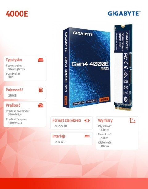 Dysk SSD Gigabyte 4000E NVMe 1.4 M.2 2280 PCIe 4.0 250GB szybki wydajny