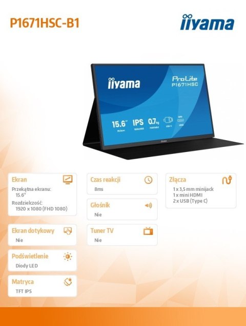 Monitor iiyama ProLite P1671HSC-B1 15.6 FHD IPS przenośny USB-C HDMI lekki