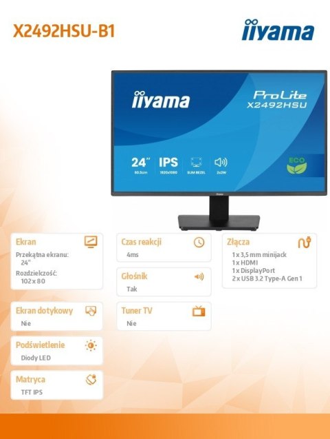 Monitor Iiyama X2492HSU-B1 24 IPS Full HD HDMI DP USB hub cienkie ramki eko
