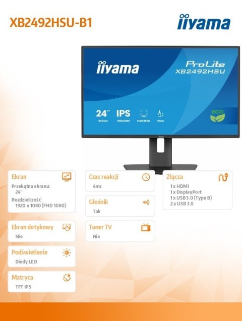 Monitor Iiyama ProLite XB2492HSU-B1 24 IPS Full HD 120Hz HDMI DP bezramkowy