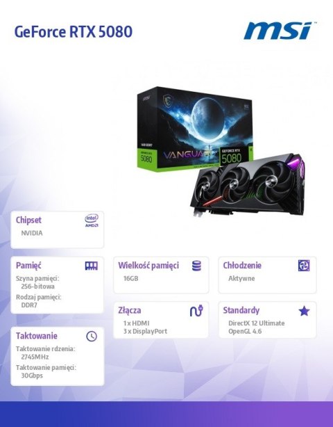 Karta graficzna MSI GeForce RTX 5080 VANGUARD SOC 16GB DDR7 gaming wydajna